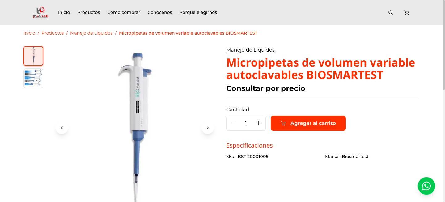 Ficha de producto con especificaciones técnicas y cierre de venta por WhatsApp.