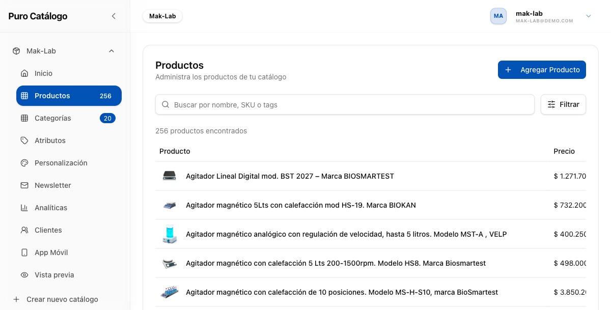 Panel donde el equipo de Maklab carga productos, ajusta precios y publica promociones, sin tocar código.