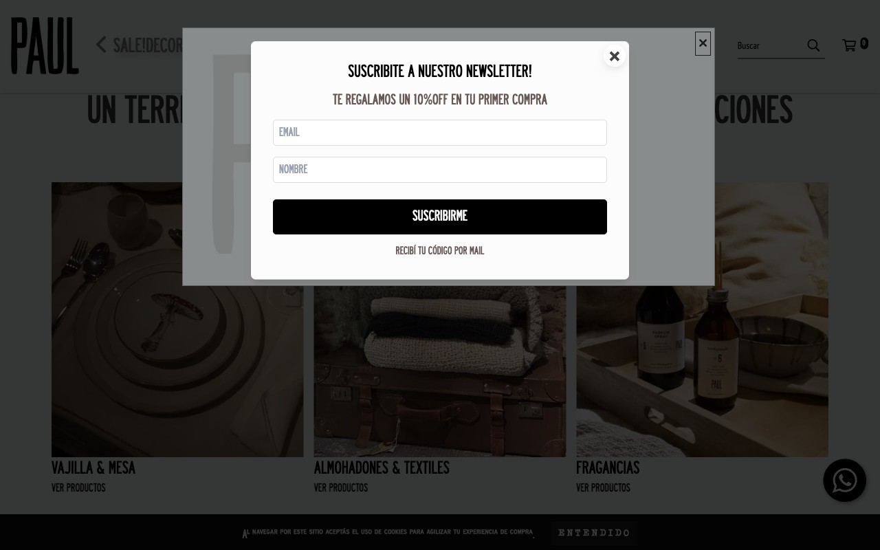 Grilla de productos con filtros por categoría — muebles, textiles, vajilla y fragancias.