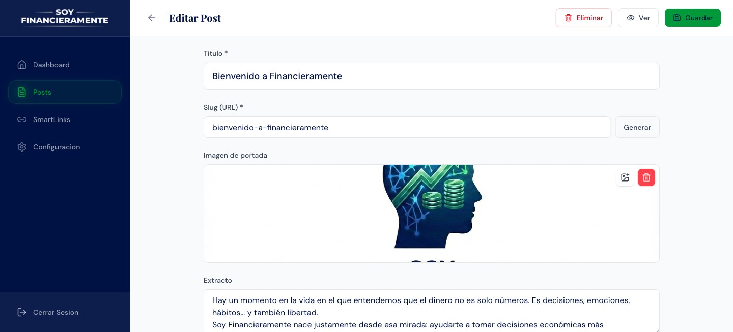 Editor del blog basado en TipTap — Vanesa publica artículos directamente, sin asistencia técnica.